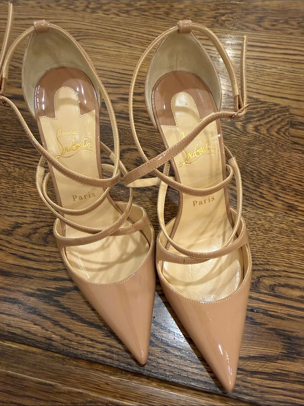 Christian Louboutin Beige Patent Leather Strappy Pointed-Toe Heels